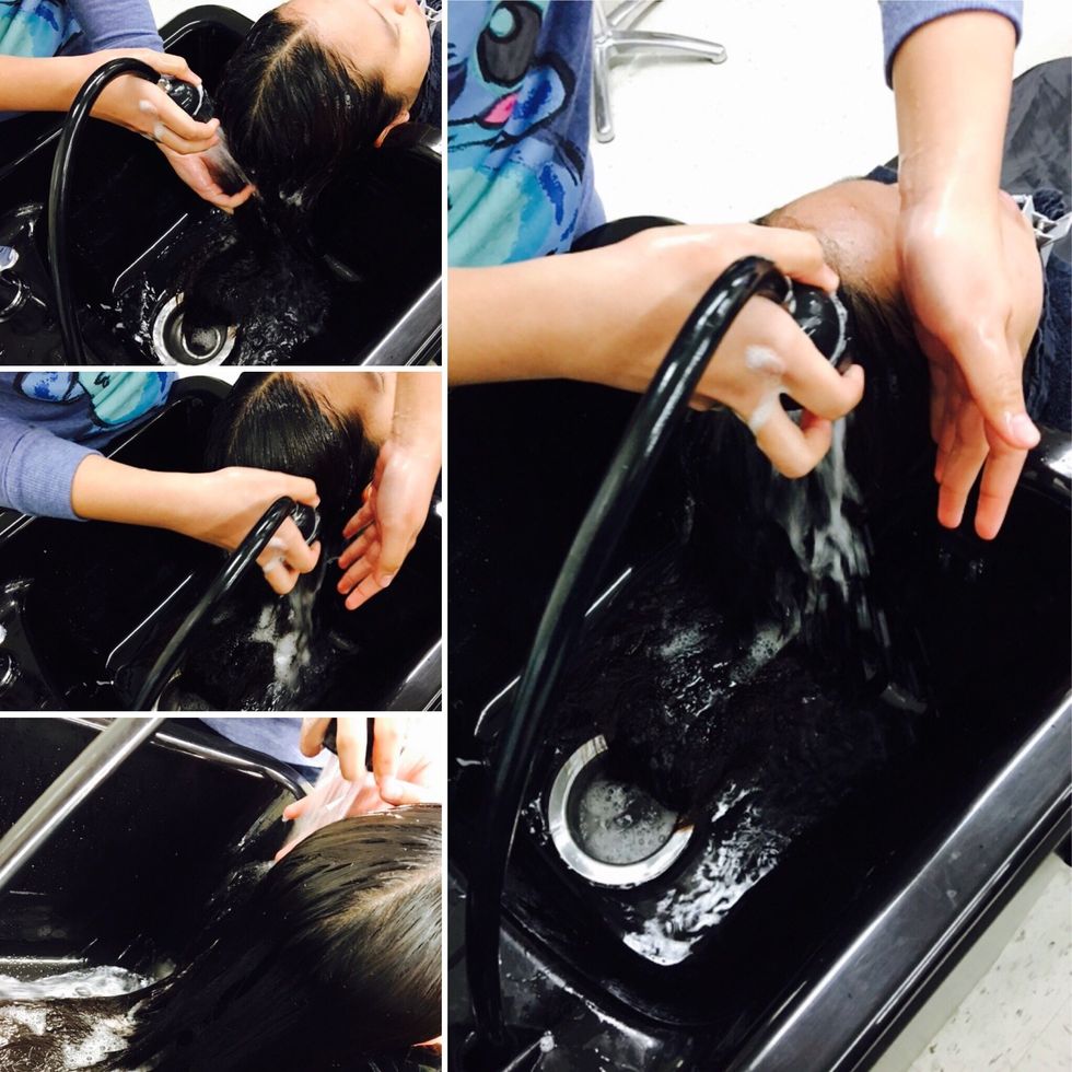 Rinse hair. Cover the ears and forehead. Don't forget to lift the head up to wash underneath
