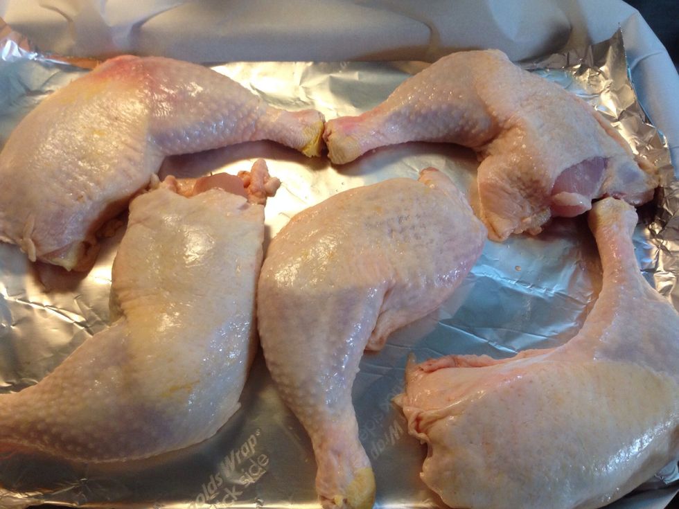 Rinse off chicken and place in pan. (I line my pan with non stick foil, as it makes for a easy cleanup)
