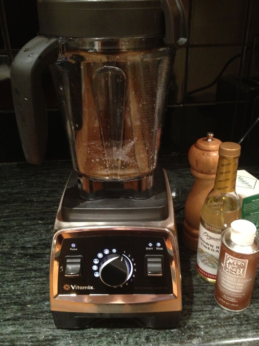 Rinse our the container and place the walnut oil, brown rice vinegar, salt and pepper inside.