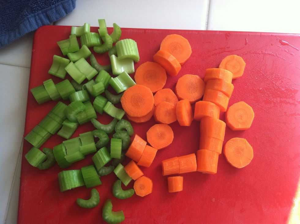Rinse, peel and chop two carrots