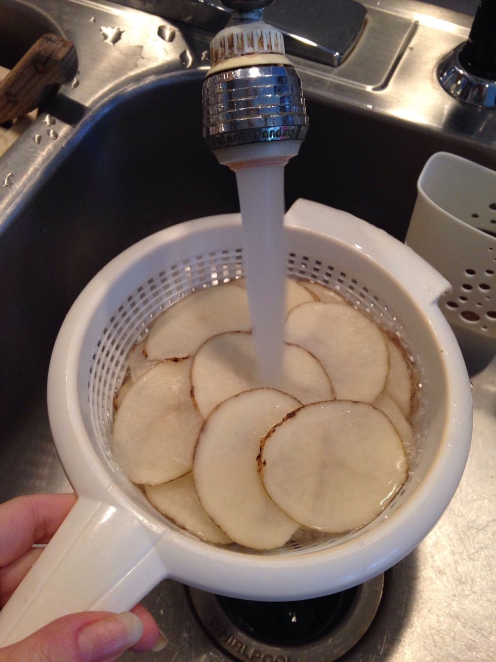 Rinse potatoes to remove starch which can make the potatoes mushy and fall apart when baking.