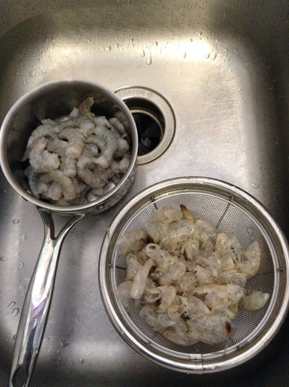 Rinse & remove shells from your shrimp. **if you don't have shrimp; you can substitute 2 lbs diced boneless chicken breast**