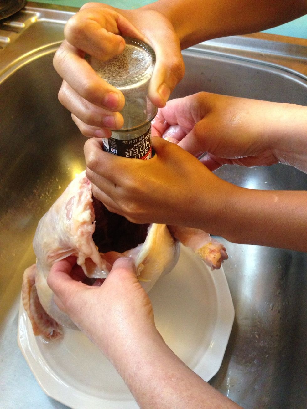 Rinse the chicken inside and out, making sure to remove any "parts" that may be stored inside. Then salt only the inside.