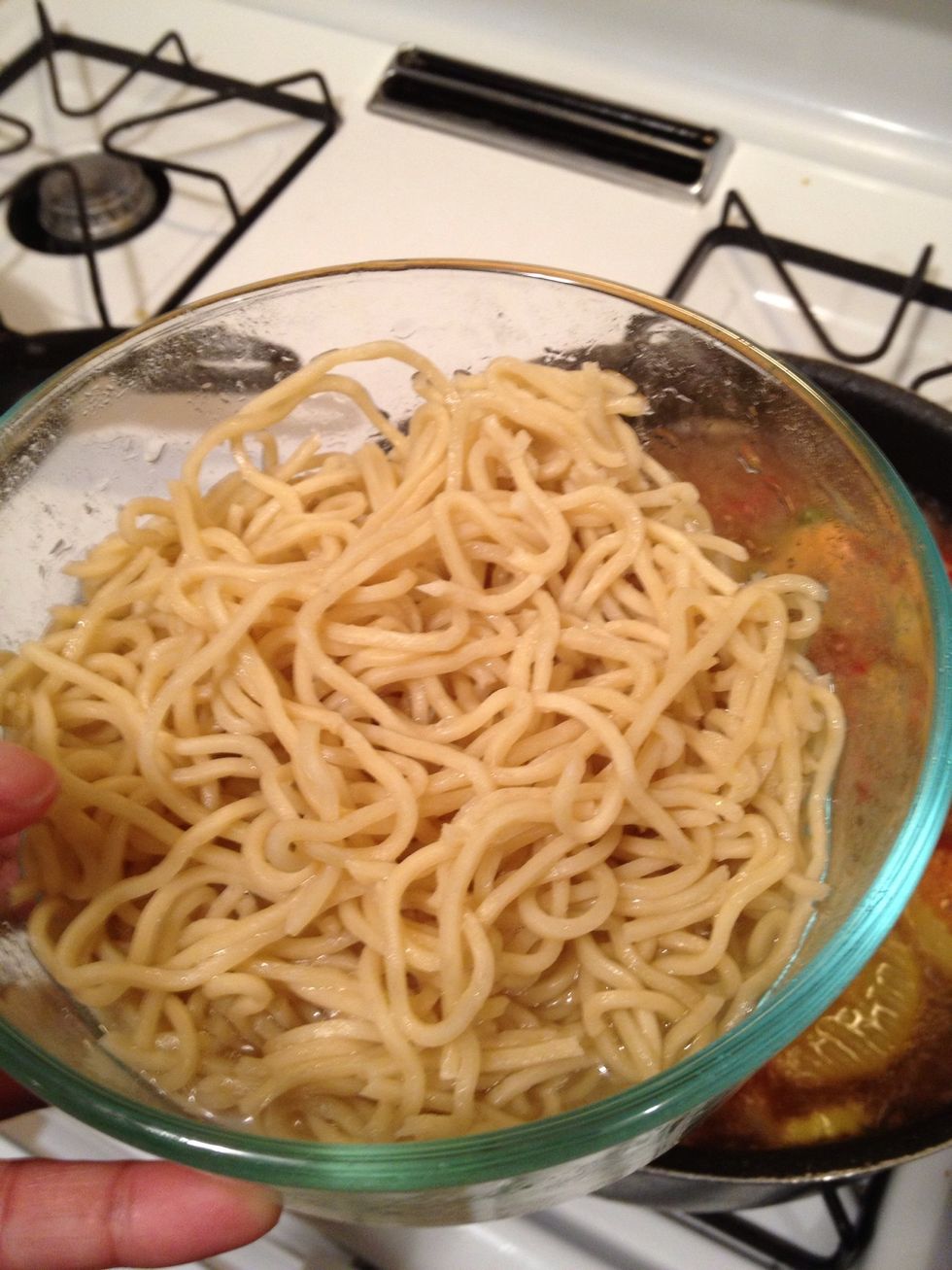 rinse the yak soba in hot water to loosen it up