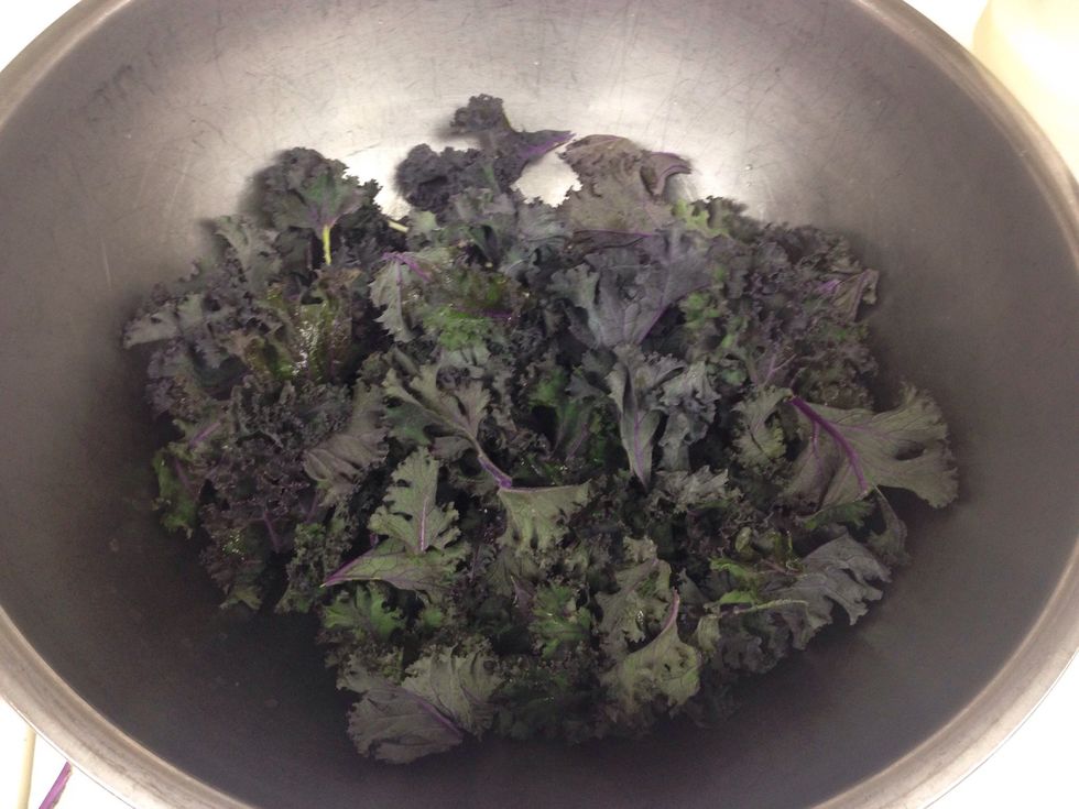 Rip kale leaves into medium pieces and place into a mixing bowl.
