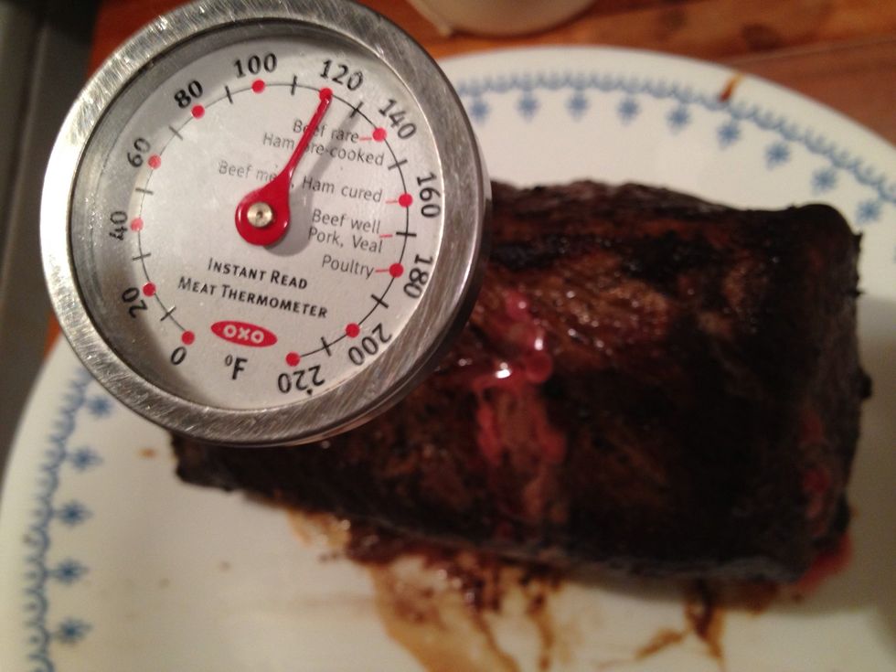 Roast in oven at 275 degrees for 60-90 minutes depending on size of your roast. Once the roast reaches 118-120 degrees, remove from oven and place aluminum foil with holes poked into it over roast.