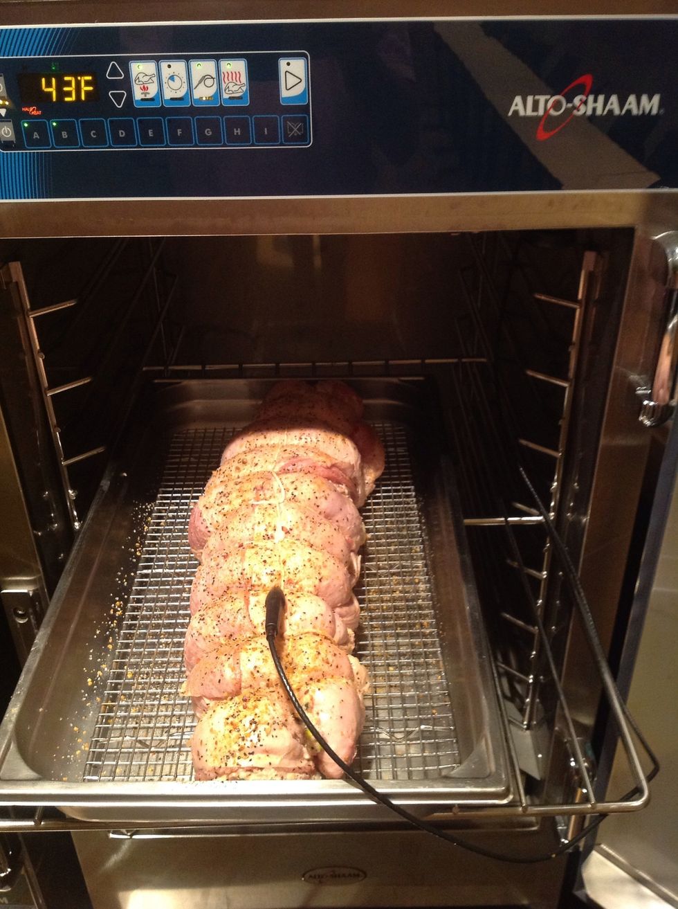 Roast in the cook and hold at 250F (120C) probe to 145F (63C) and hold at 158F (70C). Can be held overnight