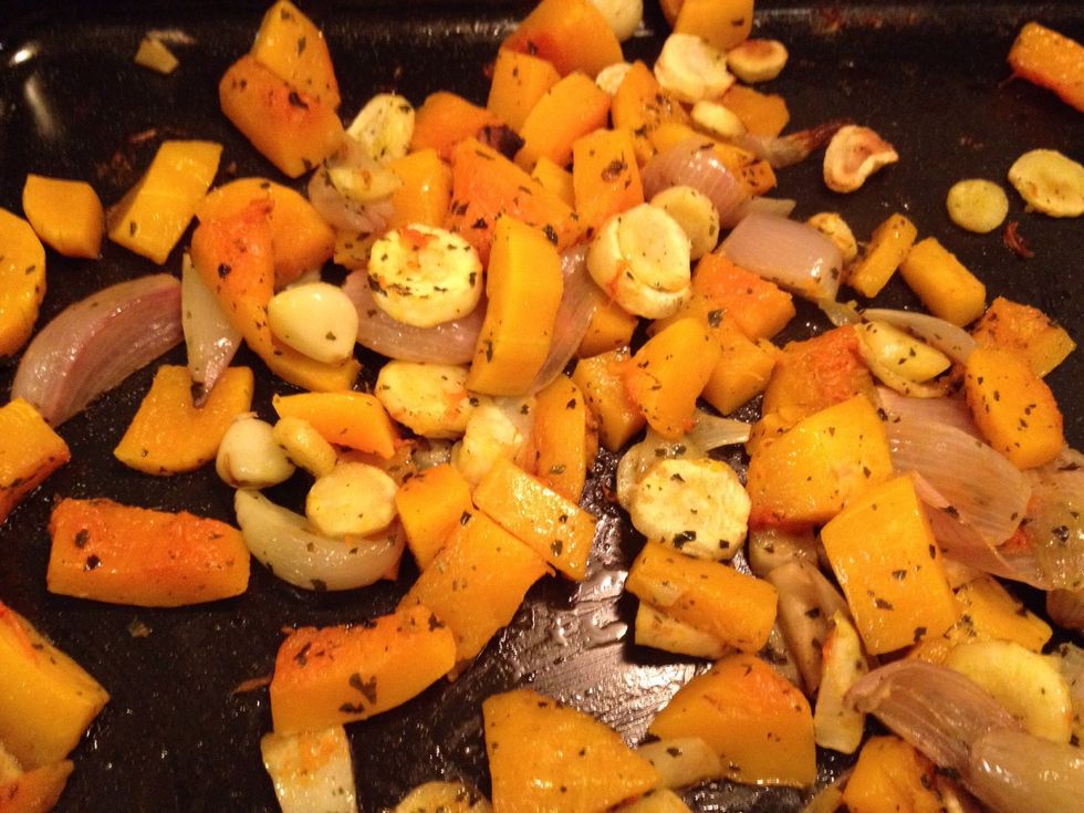 Roast in the oven for about 20 minutes until the veggies are soft.
