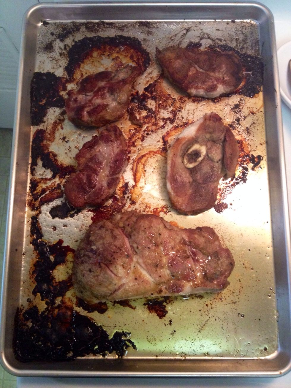 Roast meat on 425 for about an hour. Once cooked, remove any crunchy skin or thick fat caps that might be on the meat and discard.