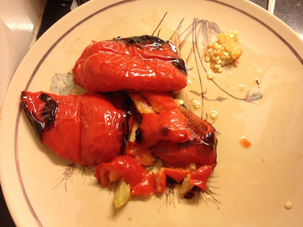 Roast one Red bell pepper in olive oil. I did so in my gas oven.