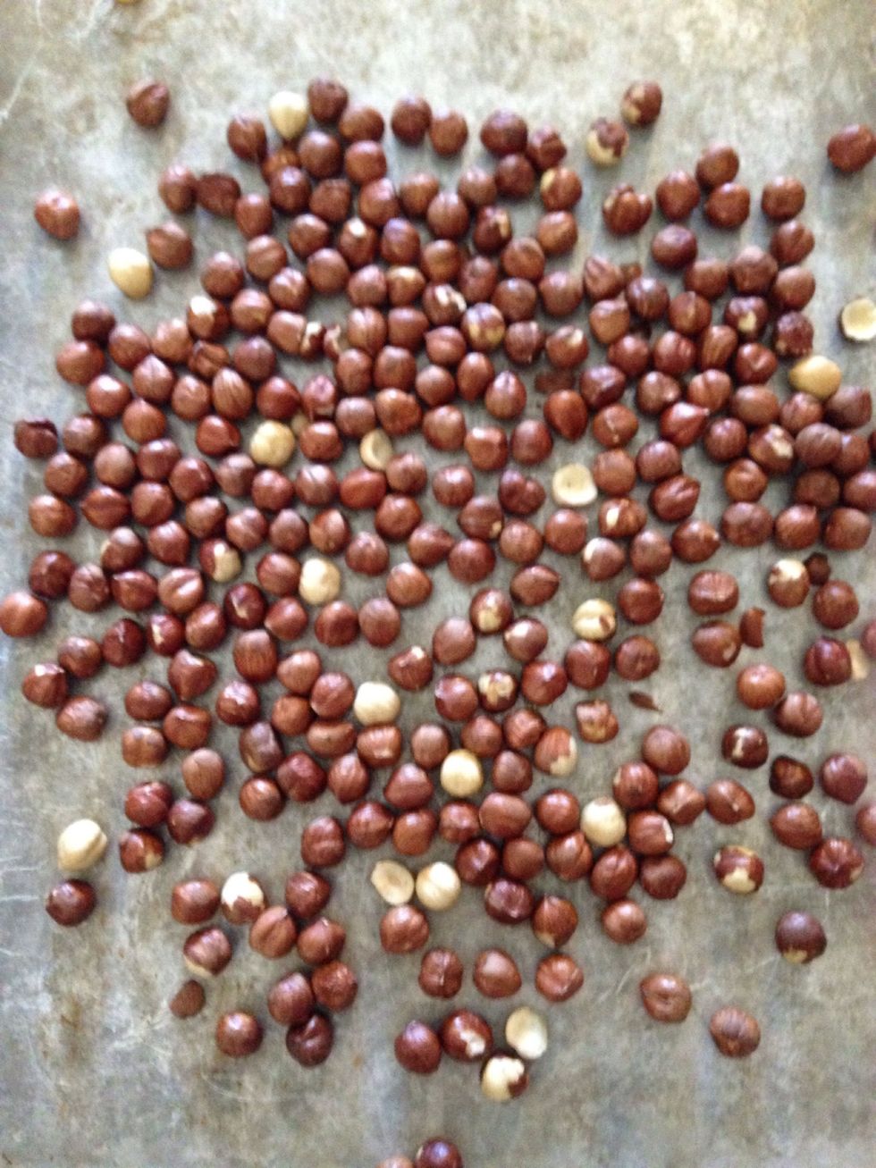 Roast your hazelnuts @ 400 for 10 minutes. Rotate and shake them halfway through to ensure a complete toasting. Careful not to burn them.