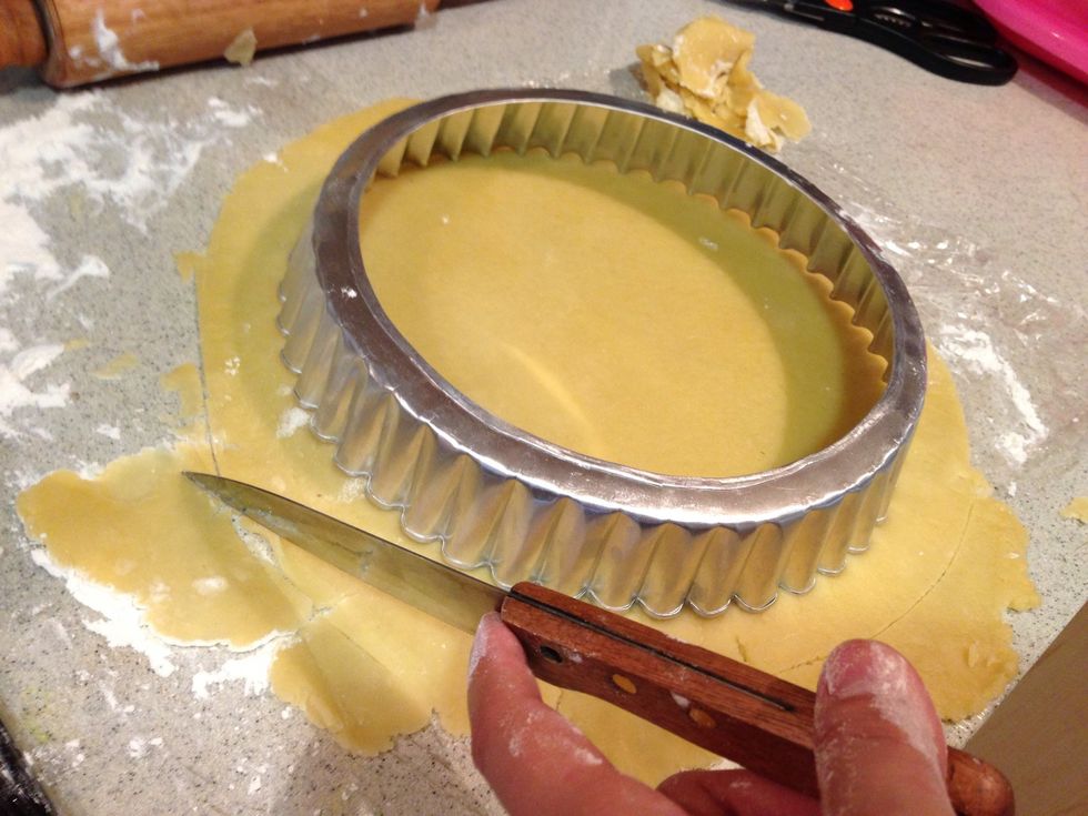 Roll dough around 14 inch in diameter, then trim to make 13 inch diameter (all depends on your pan). Lay the dough on tart pan with removable bottom.