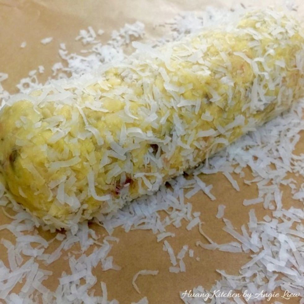Roll each log in coconut, coating it evenly.