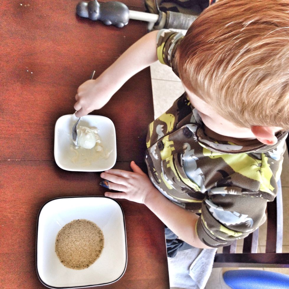 Roll hard boiled egg in mayo.