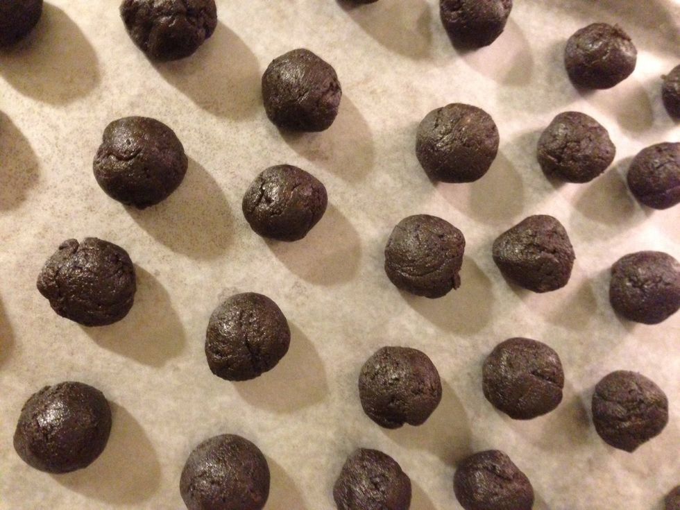 Roll into 1-inch balls and place on a cookie sheet lined with wax paper. This made about 32 for me.