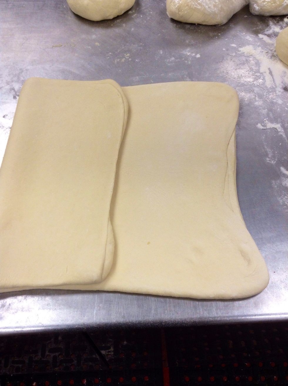 Roll out dough to about 18-ish inches length wise and 12 inches height wise. Then fold like a business letter. Wrap in plastic wrap and refrigerate for an hour-ish, usually 30-45 min should be fine.
