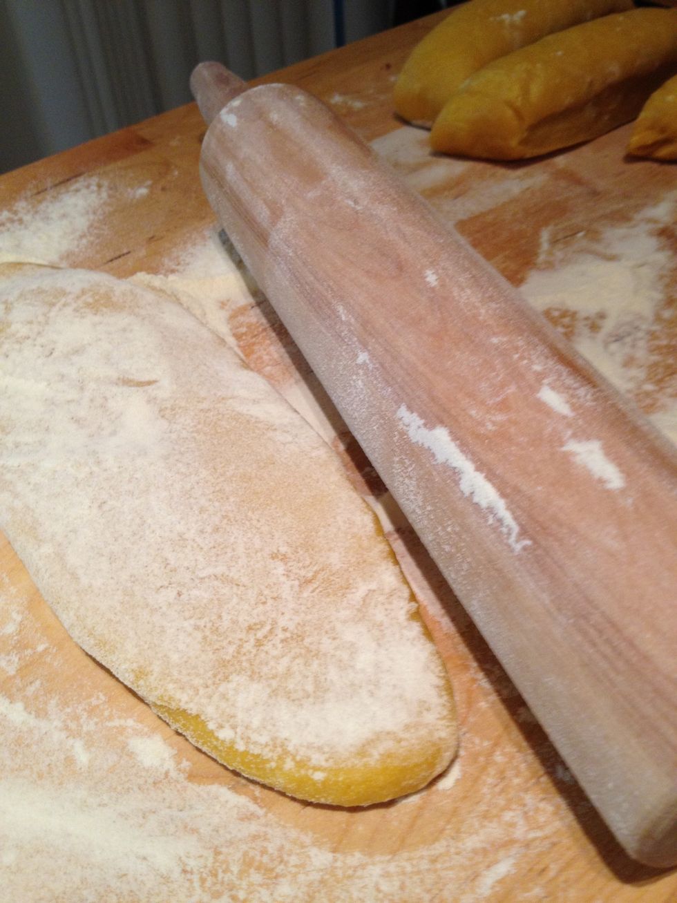Roll out the dough just enough that you'll be able to stick one end into the pasta roller -- and cover with flour so it doesn't stick in the roller.