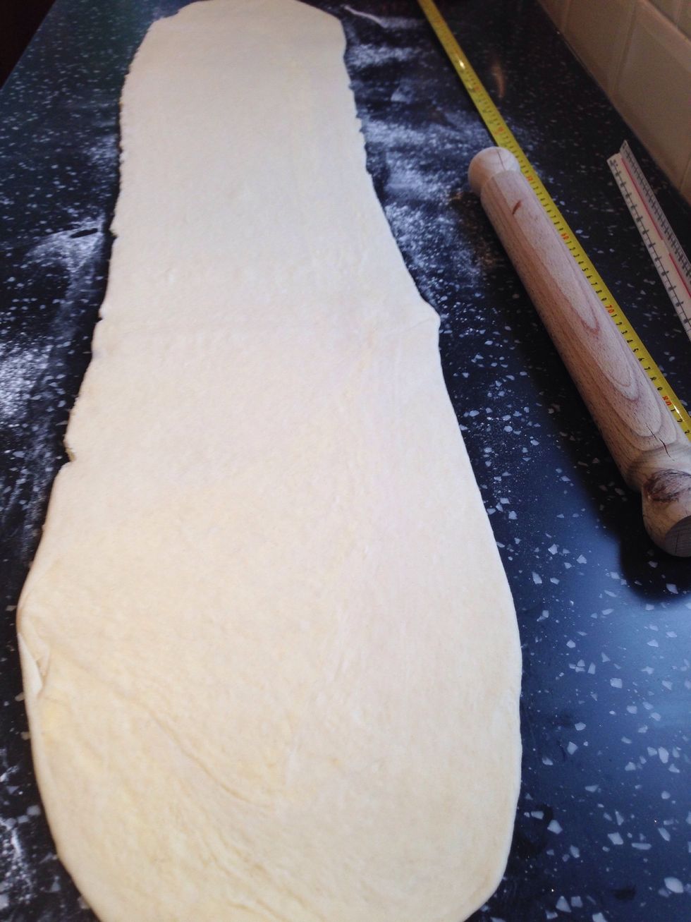 Roll out the dough to 110cm on a floured surface. If the dough resists or shrinks back, fold into thirds and rest in the fridge again for 10-20minutes. This will stop shrinkage at the shaping stage