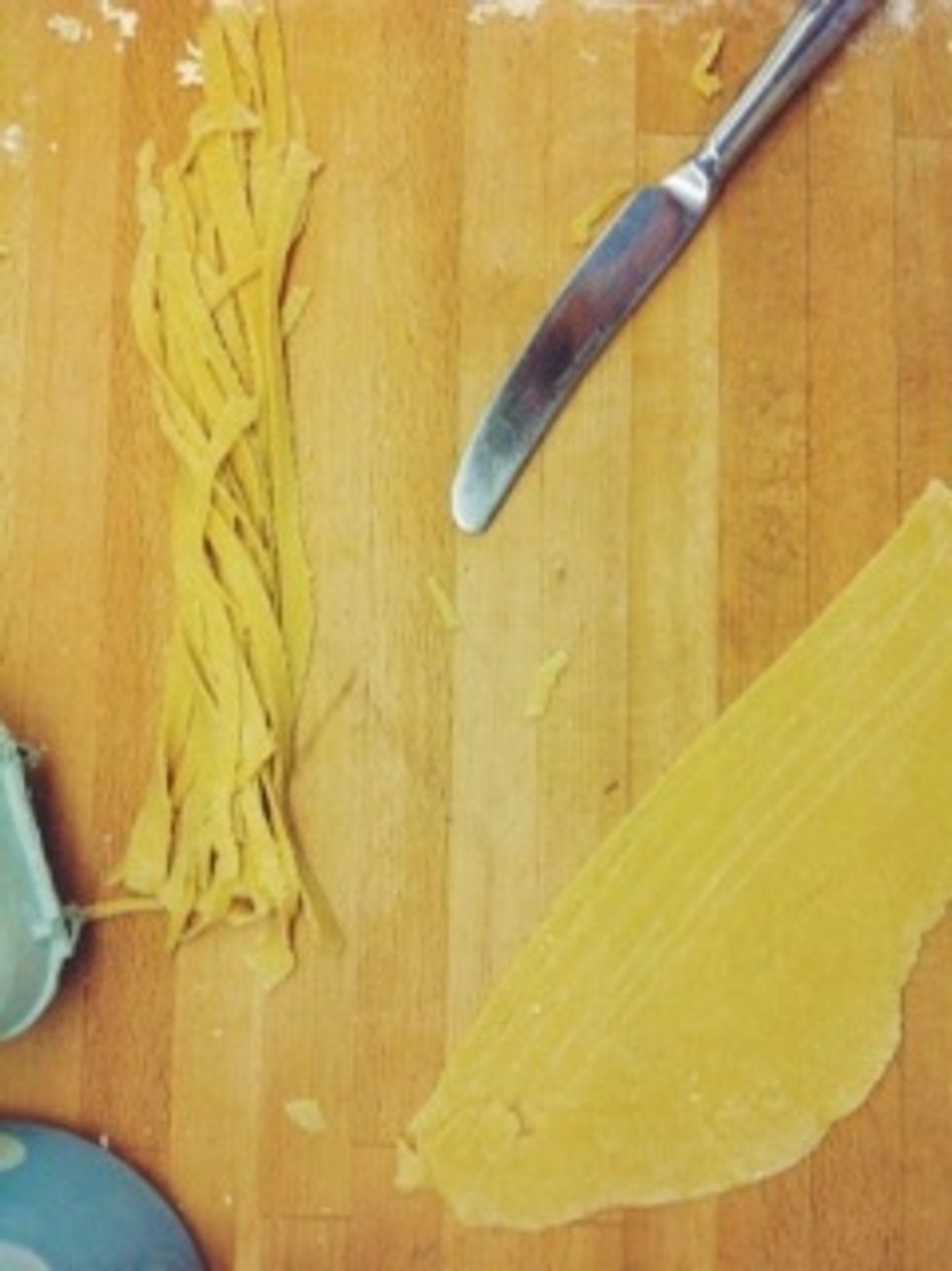 roll out your dough, this can take also a long time unless you have a pasta maker but you want it about the thickness of a 5p (America I think a quarter would be an ok size). Then cut into strips.