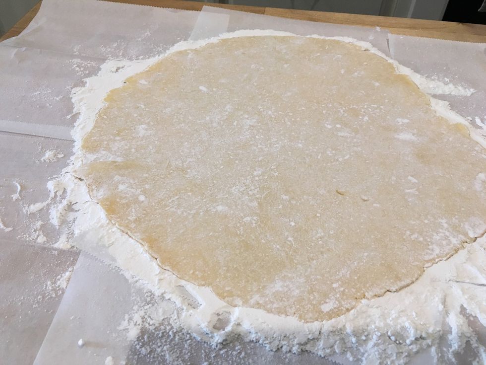 Roll out your dough until it looks like this. Remember to sprinkle flour every once and a while so it doesn't stick to the rolling pin.
