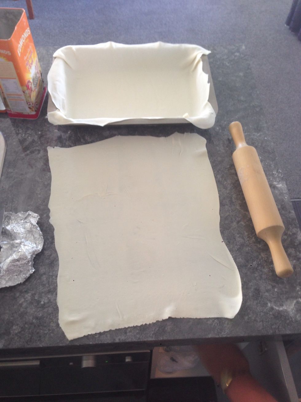 Roll out your pastry to suit your dish. Sit lower part in dish to rest into shape. Remember to make the lower pastry sheet a bit bigger than the upper to accommodate the sides of dish
