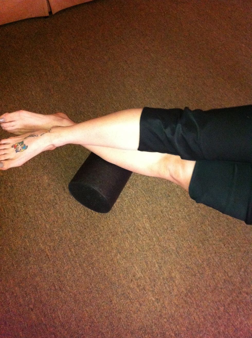 Roll over outward and roll your solius (Long calf muscle) its sensitive but don't be shy. Roll it to release calf knots to stop and prevent shin splints and knee pain.