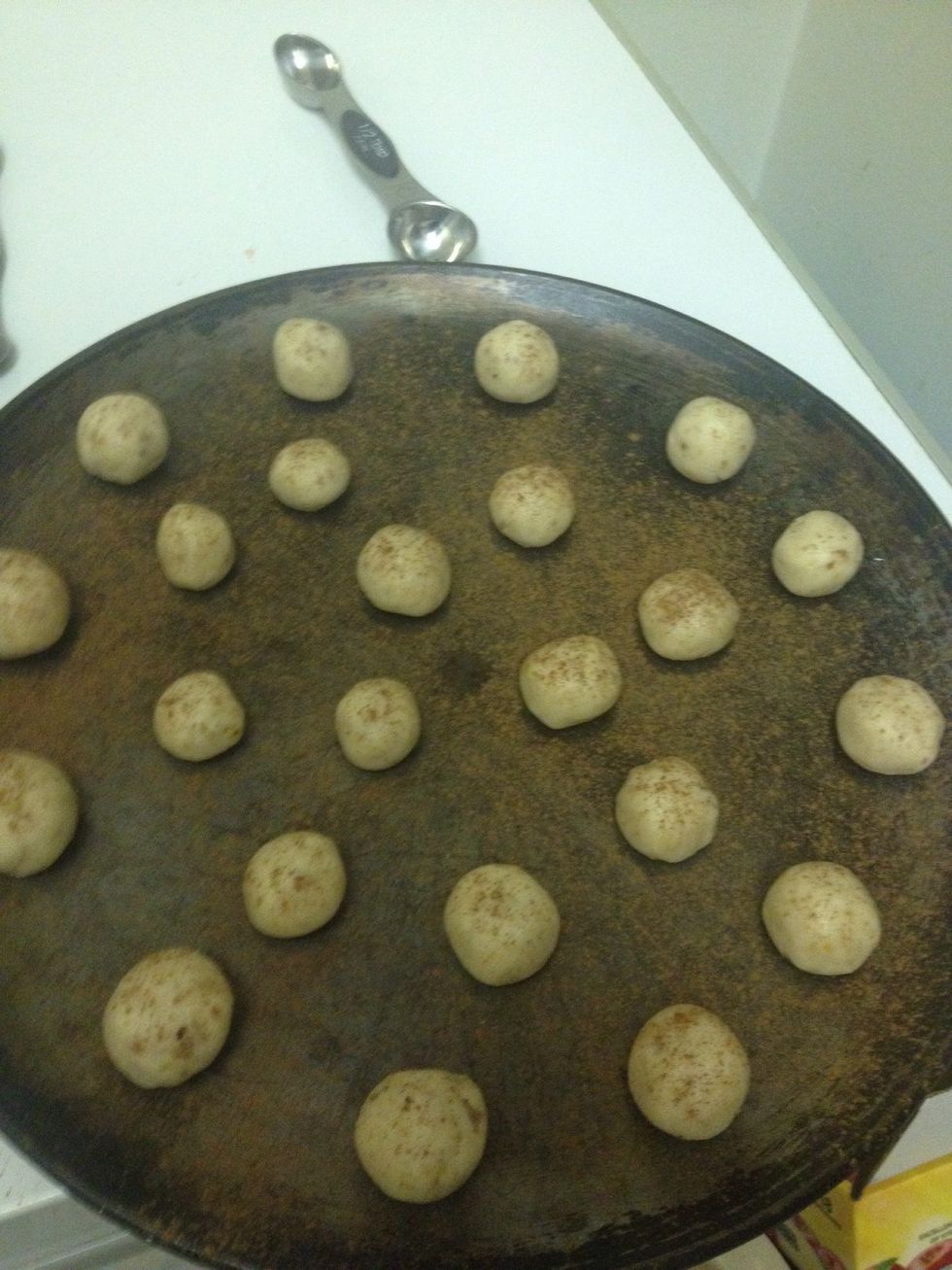 Roll the dough into small balls and place onto a ungreased pan. Now take the cinnamon and sprinkle it over the cookie dough
