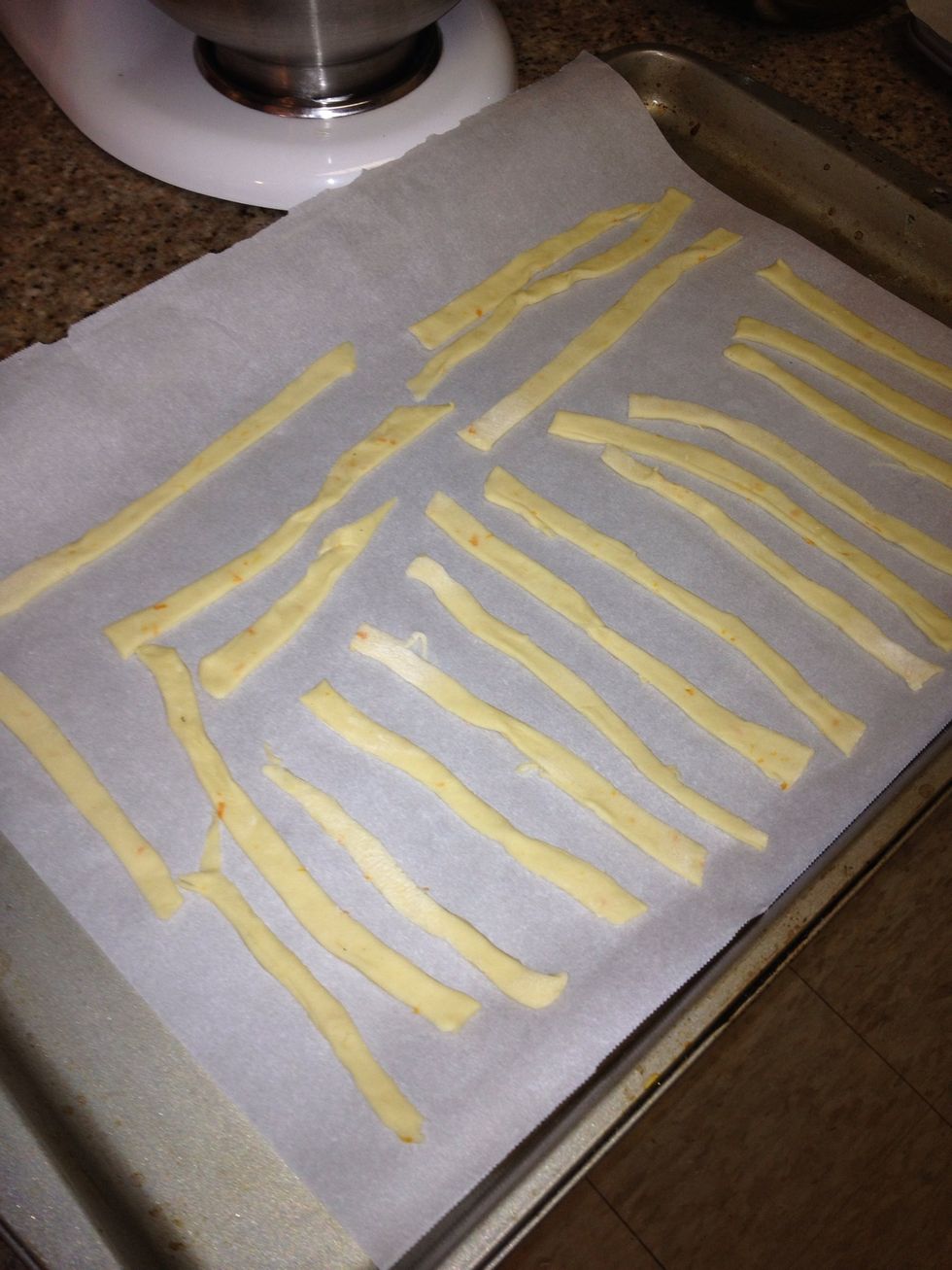 Roll the dough to less than 1/4 inch and cut into strips. Transfer to greased cookie sheets or parchment paper put in oven for 10-15 minutes at 350f