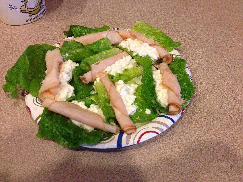 Roll up about a half of a turkey slice and tuck it into the side of the cottage cheese.
