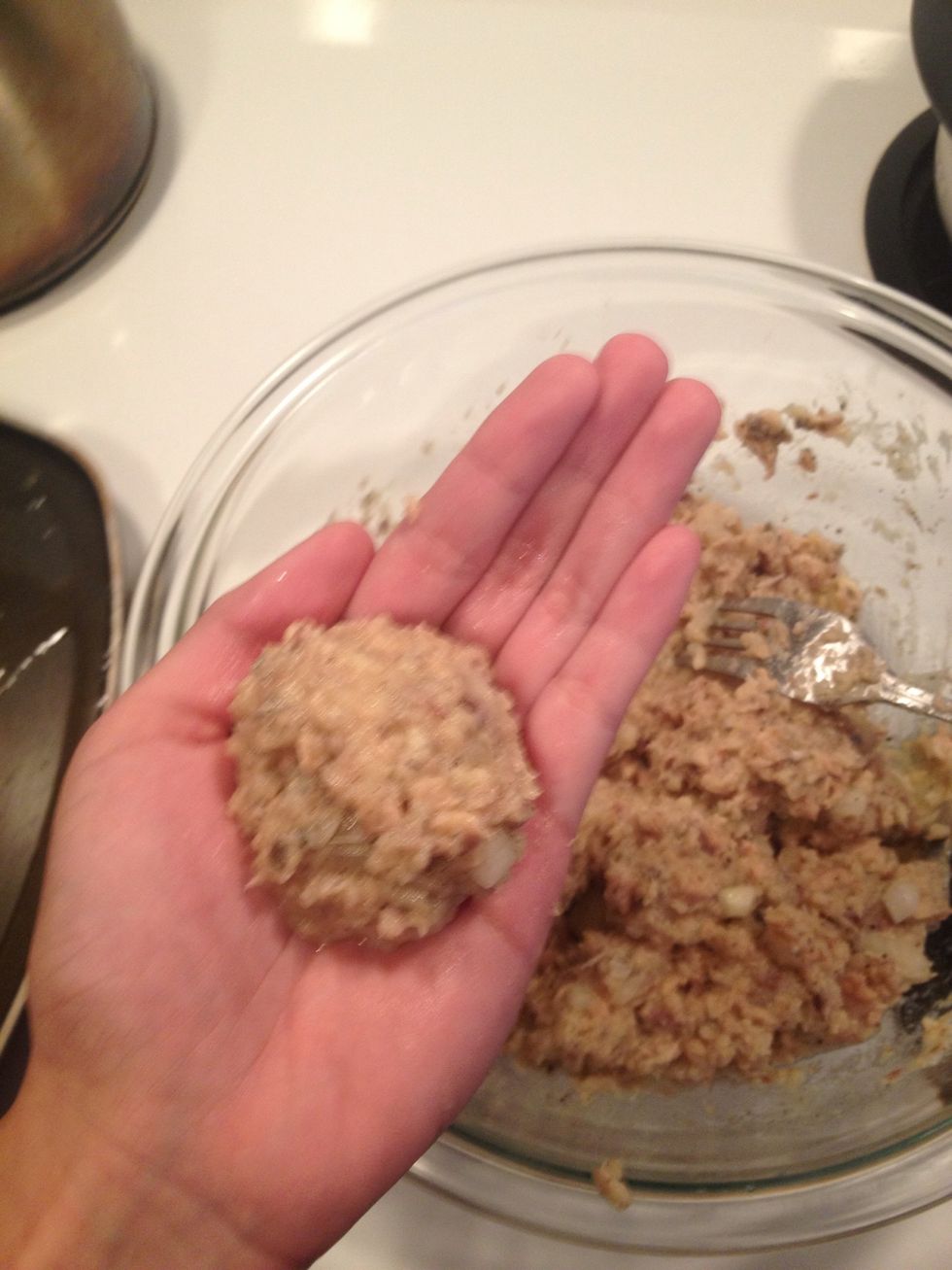 Roll your mixture into 2 inch balls, place into skillet and flatten to form patties.