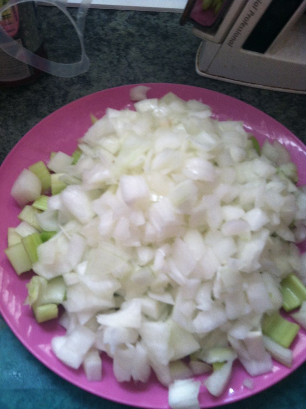 Rough chop celery and onion