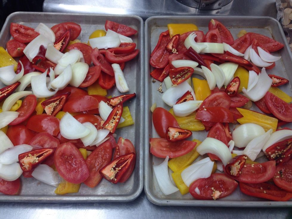 Rough chop ingredients and evenly spread them on sheet trays.