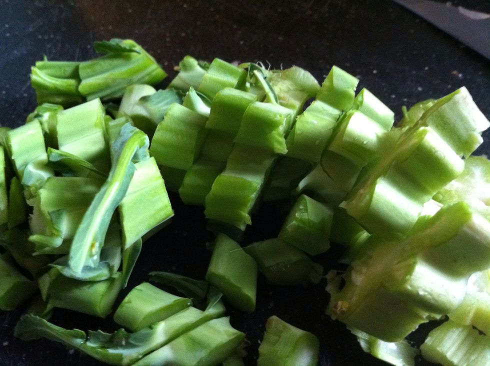 Roughly chop broccoli and cauliflower stocks from other meals. I use this trick to get some real vegetables into my life since I'm such a fussy eater. Add to food chopper along with onion and garlic