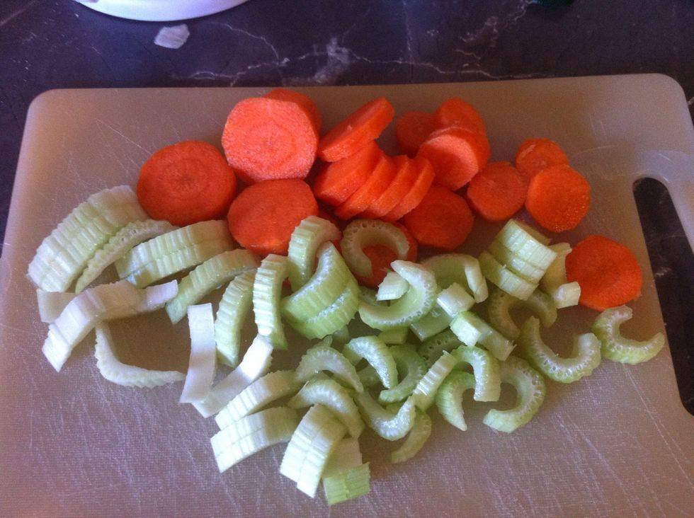 Roughly chop celery & carrot (washed & scraped)