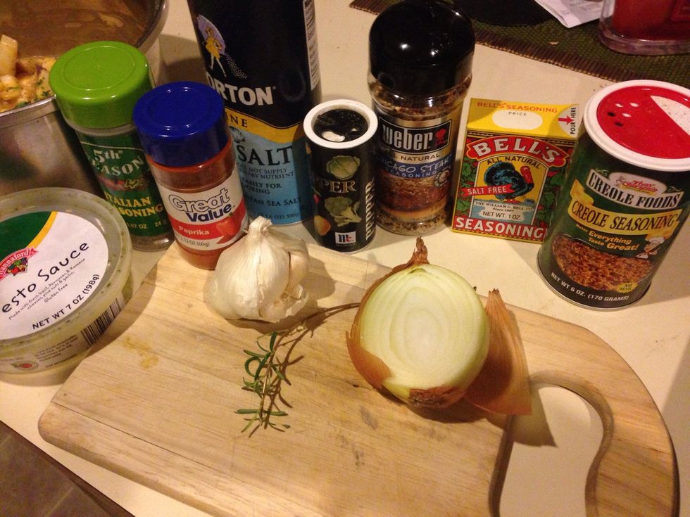 Roughly chop onion n garlic. Don't chop garlic too finely as it will burn and taste bitter after roasting. Chop fresh herbs as well. These are the seasonings I use, but you can choose your favorites.