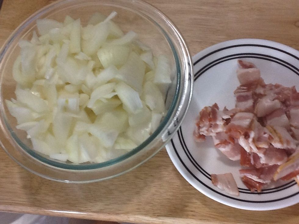 Roughly chop the onions then cut the bacon into 1/2 inch pieces.