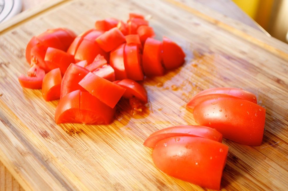 Roughly chop the tomates. I used plum tomatoes but you can use whatever tomatoes you have! Did you know that tomatoes are one of the rare foods that get healthier when cooked? Google it.