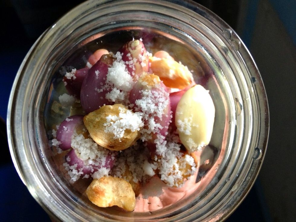 Roughly mashed with mortar and pestle or blender. Add in 0.5 tsp of salt