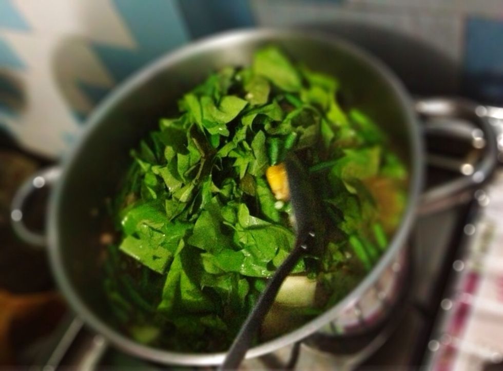 Round 3: add in the melinjo leaves. The melinjo leaves are very suculant so add in at the last