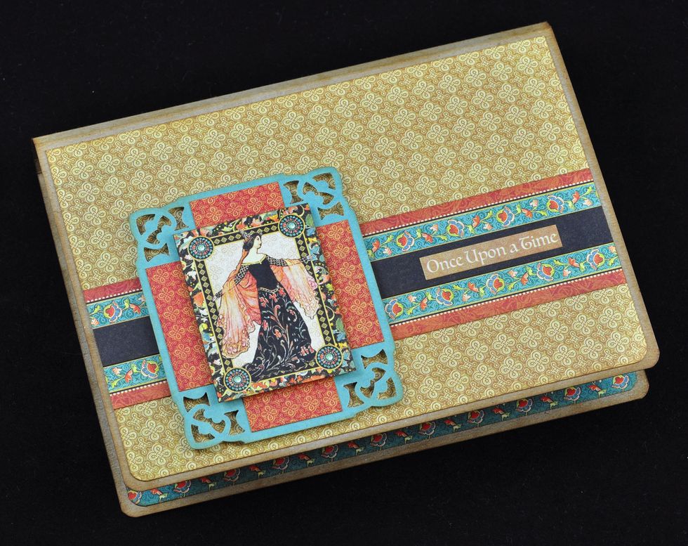 Round the bottom two corners with 1/4" corner rounder on the 7 1/4 x 5 1/8" piece. Ink edges. I used foam squares for the 3 x 3 3/4" piece and the 2 x 2 1/2" piece.