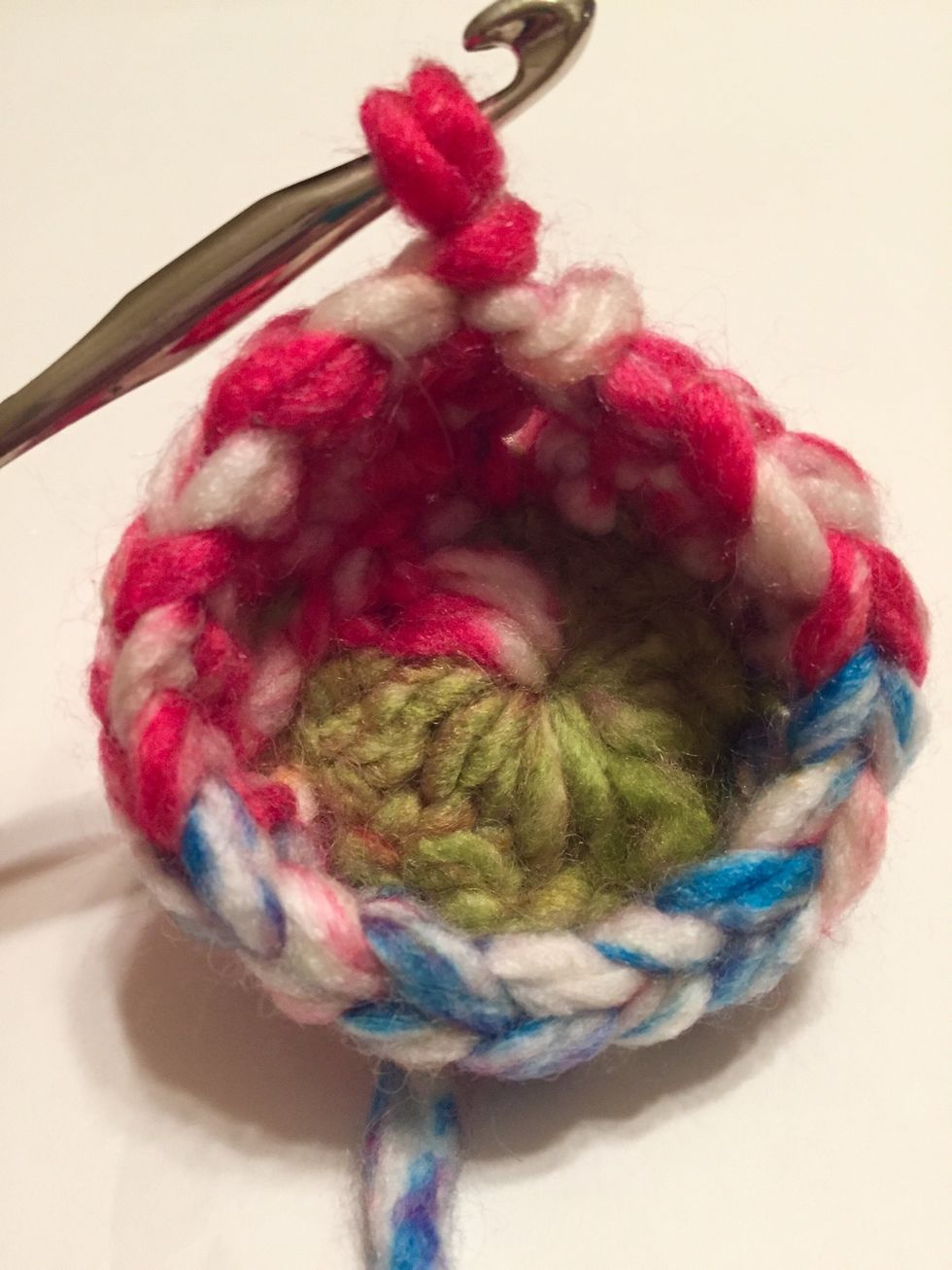 row 2: chain 3, then make double in top of next stitch. chain 1, then double in top of next 2 stitches. continue around and slip stitch to connect.