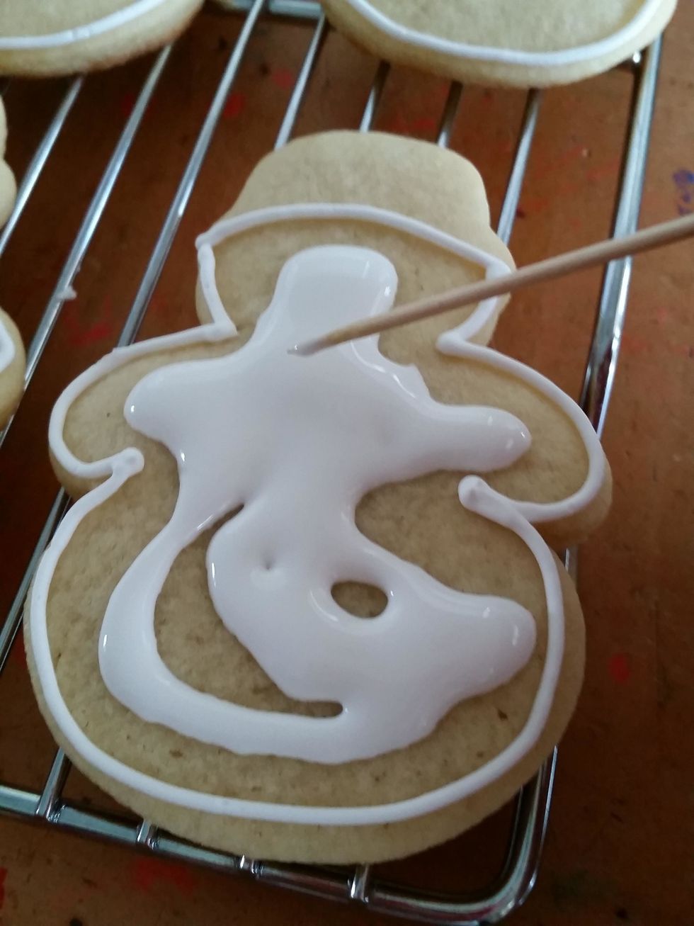 Royal Icing, in mixer ,beat powdered sugar, meringue powder, water, and vanilla for 10 minutes until thick. Use the thick royal icing to trace borders on cookie. Thin out royal icing to "flood cookie"