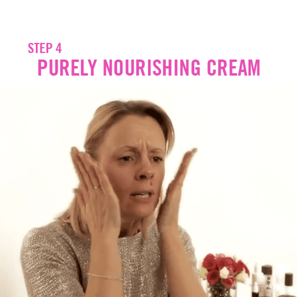 Rub bareMinerals Purely Nourishing Cream into the palms of your hands before pressing onto your skin