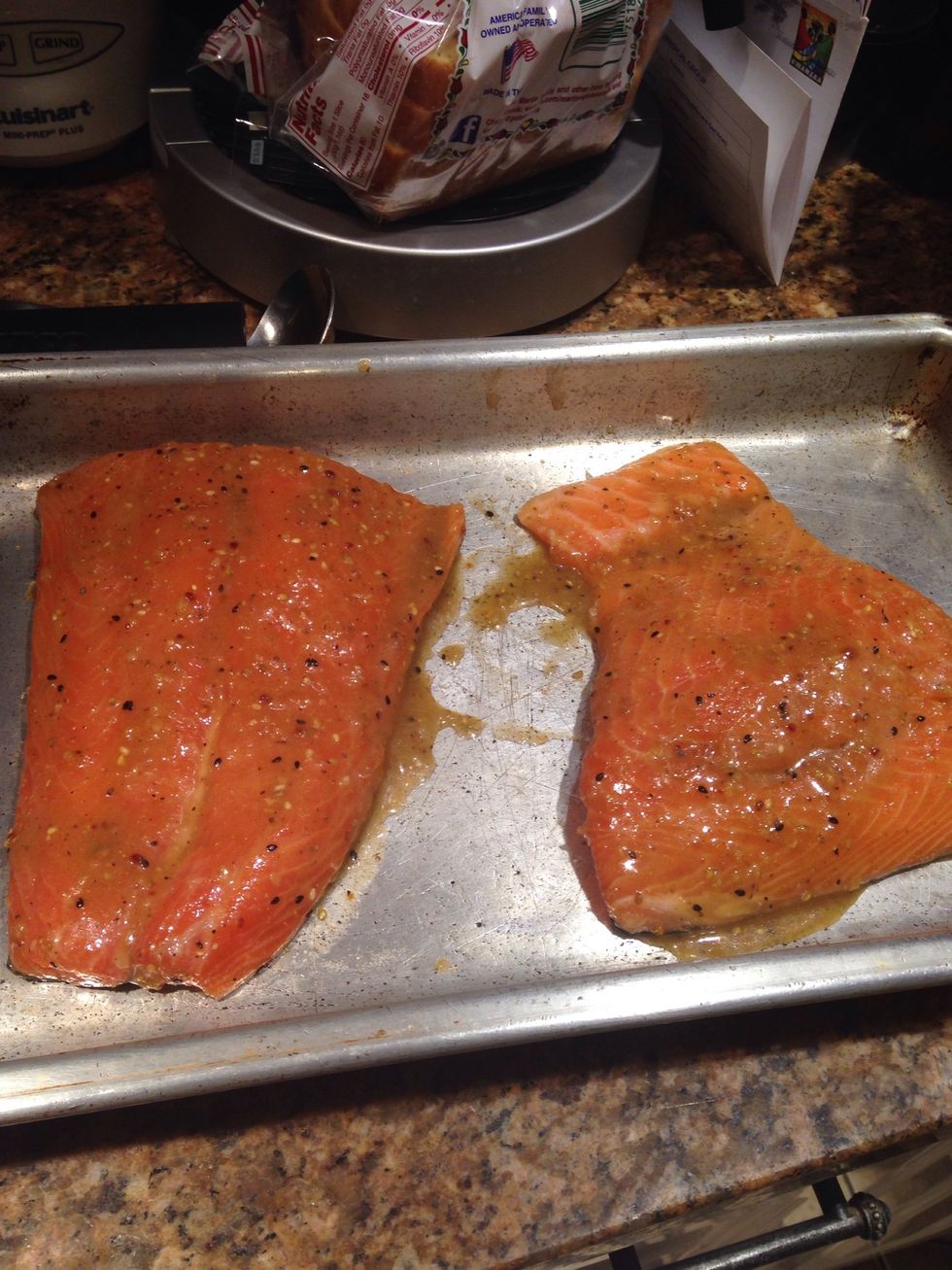 Rub glaze into filets and place onto a baking sheet. Broil on high in a lower shelf in the oven for about 15 minutes or until done.