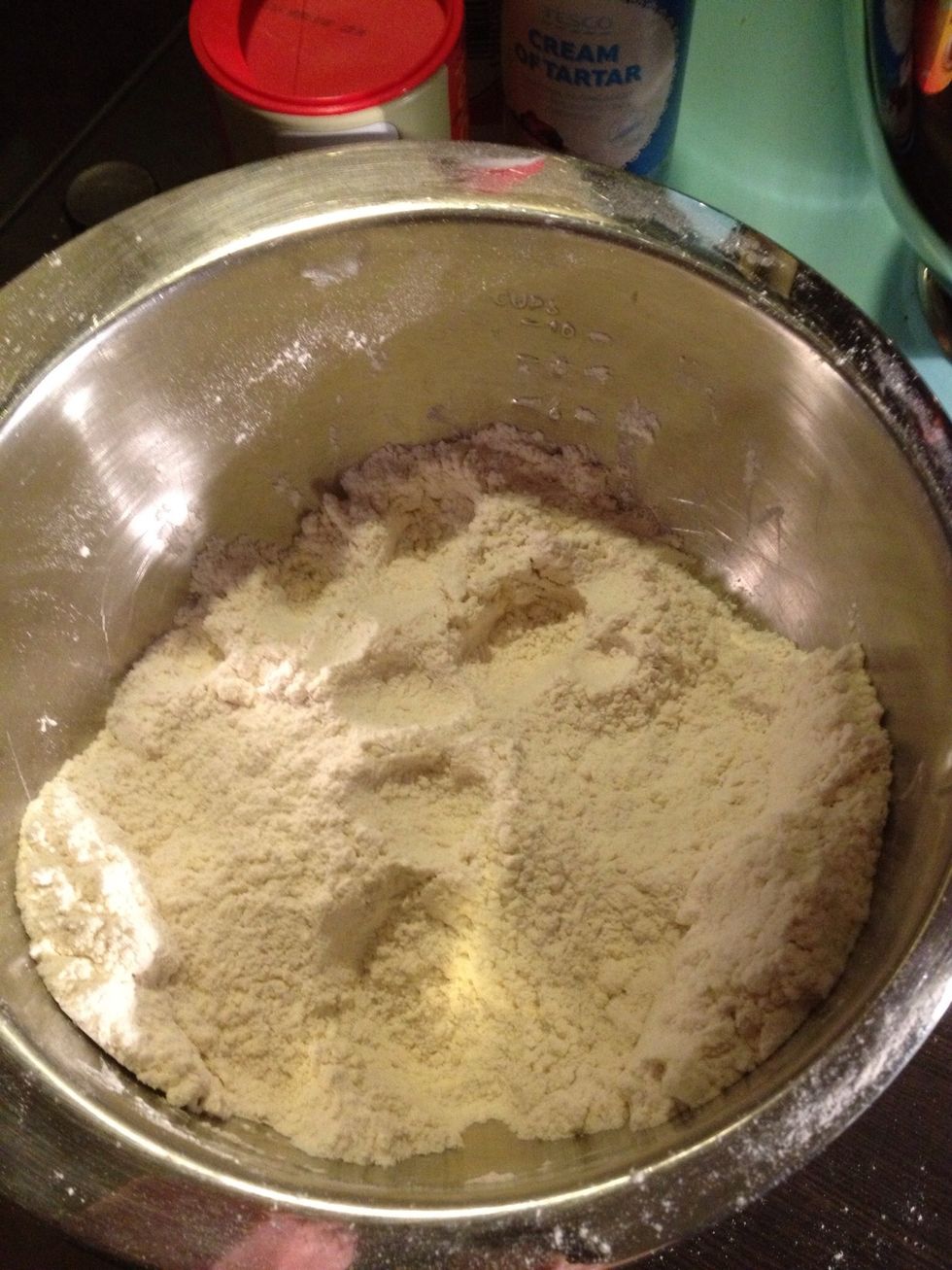 Rub in the margarine to resemble breadcrumbs, lifting mixture with fingertips to introduce air to the dough. Add in the raisins now if you want a sweeter bread.