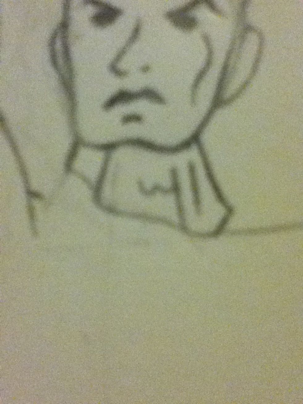 Rub out some of the neck line to give him a neck like this then add some extra detail to the neck like so