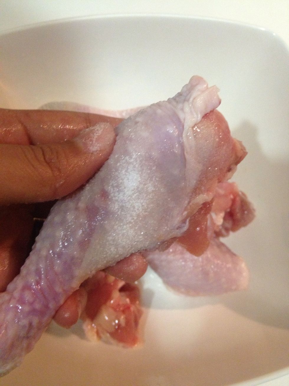 Rub some salt on the chicken and leave it for 30 minutes. After that rinse off with water and do pat it dry.