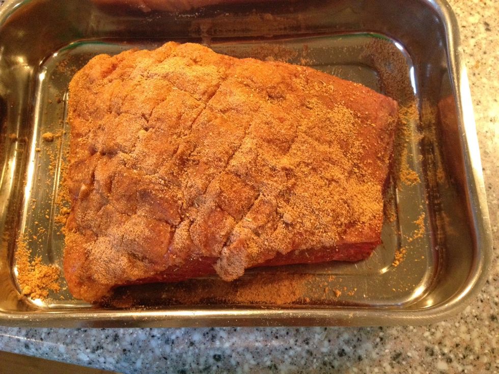 Rub the dry on the steak. Put the steak in a cold oven and set the temp to 200\u00b0F/95\u00b0C. Cook it to a core temp. at 140\u00b0F/60\u00b0C. It takes about 3 hours for a steak this size.