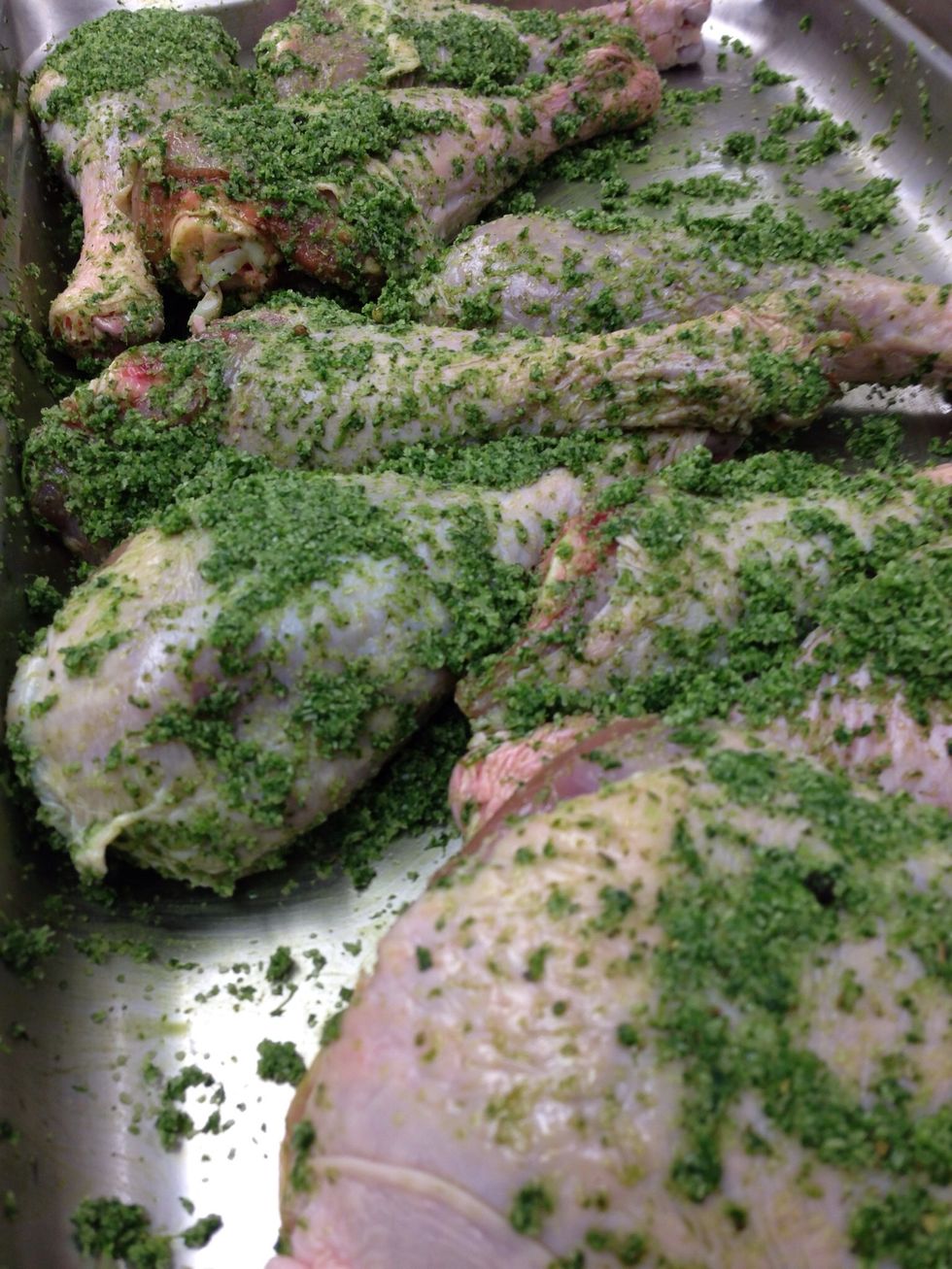 Rub the turkey legs well with the green salt.