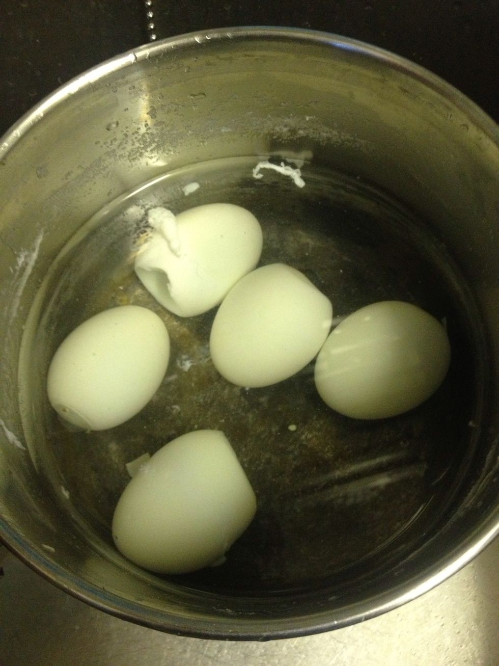Run cold water over the eggs and remove the shells. It should be easy after the salty water ;)